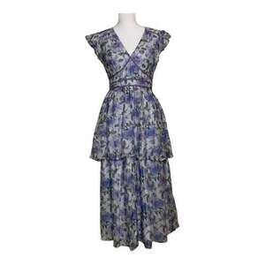 Just Me Purple Floral Tiered Midi Dress, V-Neck Flutter Sleeve, Size S NWOT